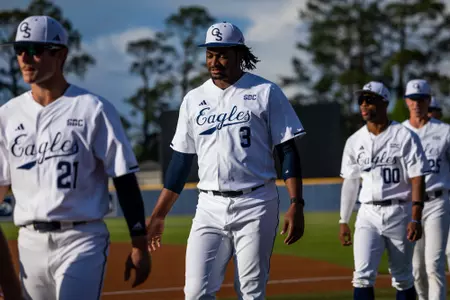 Georgia Southern infielder Cam Foster (3) during the NCAA baseball game between Georgia Southern and Old Dominion at Jack Stallings Field at J.I. Clements Stadium on April 11, 2025 in Statesboro, Georgia. (Photograph by AJ Henderson / Georgia Southern Athletics)