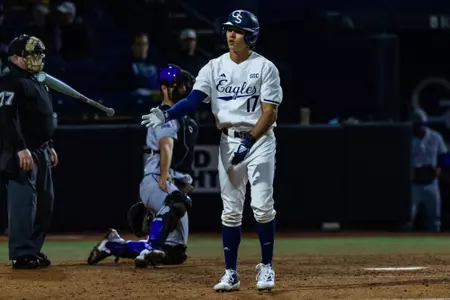 Georgia Southern outfielder Jett Lovett (17) during the NCAA baseball game between Georgia Southern and Western Carolina at Jack Stallings Field at J.I. Clements Stadium on February 14, 2025 in Statesboro, Georgia. (Photograph by AJ Henderson / Georgia Southern Athletics)