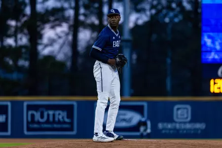 Georgia Southern left-handed pitcher Jevarra Martin (18) during the NCAA baseball game between Georgia Southern and Georgia Tech at Jack Stallings Field at J.I. Clements Stadium on February 18, 2025 in Statesboro, Georgia. (Photograph by AJ Henderson / Georgia Southern Athletics)