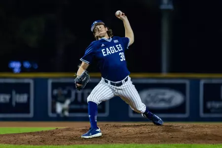 Georgia Southern left-handed pitcher Brady Owens (38) during the NCAA baseball game between Georgia Southern and College of Charleston at Jack Stallings Field at J.I. Clements Stadium on February 25, 2025 in Statesboro, Georgia. (Photograph by AJ Henderson / Georgia Southern Athletics)