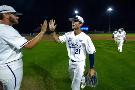 Georgia Southern outfielder J.C. Peacher (21) during the NCAA baseball game between Georgia Southern and Arkansas State at Jack Stallings Field at J.I. Clements Stadium on April 18, 2025 in Statesboro, Georgia. (Photograph by AJ Henderson / Georgia Southern Athletics)