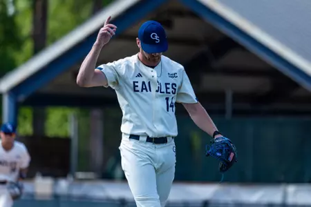 Georgia Southern right-handed pitcher Davis Smith (14) during the NCAA baseball game between Georgia Southern and Arkansas State at Jack Stallings Field at J.I. Clements Stadium on April 19, 2025 in Statesboro, Georgia. (Photograph by AJ Henderson / Georgia Southern Athletics)