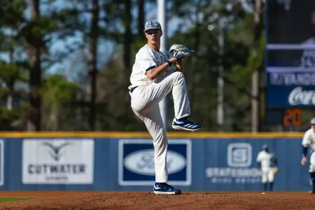 Georgia Southern left-handed pitcher Evan Vandenbosch (27) during the NCAA baseball game between Georgia Southern and Western Carolina at Jack Stallings Field at J.I. Clements Stadium on February 16, 2025 in Statesboro, Georgia. (Photograph by AJ Henderson / Georgia Southern Athletics)