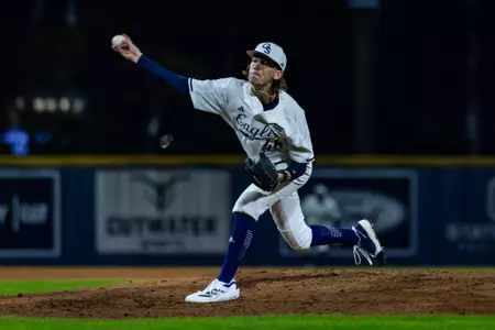 Georgia Southern right-handed pitcher Jax Lewis (46) during the NCAA baseball game between Georgia Southern and Western Carolina at Jack Stallings Field at J.I. Clements Stadium on February 14, 2025 in Statesboro, Georgia. (Photograph by AJ Henderson / Georgia Southern Athletics)