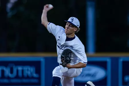 Georgia Southern right-handed pitcher Brady Pendley (99) during the NCAA baseball game between Georgia Southern and Old Dominion at Jack Stallings Field at J.I. Clements Stadium on April 11, 2025 in Statesboro, Georgia. (Photograph by AJ Henderson / Georgia Southern Athletics)