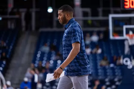 Georgia Southern men's basketball assistant coach Nori Johnson during the NCAA men’s basketball game between Georgia Southern and North Florida at Jack and Ruth Ann Hill Convocation Cenrer on December 7, 2024 in Statesboro, Georgia. (Photograph by AJ Henderson / Georgia Southern Athletics)