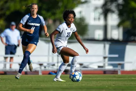 Georgia Southern midfielder Addison Comer (20) during the NCAA women’s soccer match between Georgia Southern and Samford at Bo Pitts Field on August 14, 2025 in Statesboro, Georgia. (Photograph by AJ Henderson / Georgia Southern Athletics)