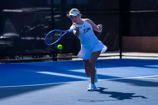 Georgia Southern junior Mackenzie Leopold during the NCAA women’s tennis match between Georgia Southern and College of Charleston at Wallis Tennis Center on January 23, 2026 in Statesboro, Georgia. (Photograph by AJ Henderson / Georgia Southern Athletics)