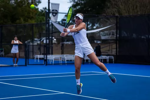 Georgia Southern sophomore Evelyn Warkentin during the NCAA women’s tennis match between Georgia Southern and College of Charleston at Wallis Tennis Center on January 23, 2026 in Statesboro, Georgia. (Photograph by AJ Henderson / Georgia Southern Athletics)
