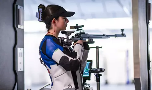 Georgia Southern Rifle sophomore Hailey Singleton during the NCAA rifle match between Georgia Southern, TCU and Akron at Shooting Sports Education Center on October 4, 2025 in Statesboro, Georgia. (Photograph by AJ Henderson / Georgia Southern Athletics)