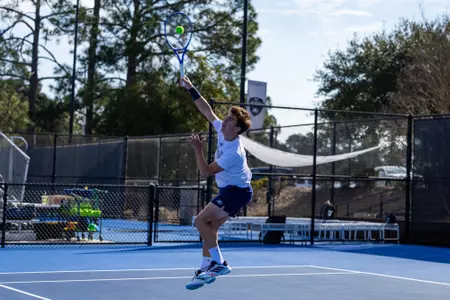 Georgia Southern freshman Gregoire Delattre during the NCAA men’s tennis match between Georgia Southern and South Carolina State at Wallis Tennis Center on February 13, 2026 in Statesboro, Georgia. (Photograph by AJ Henderson / Georgia Southern Athletics)