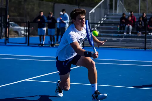 Georgia Southern freshman Gregoire Delattre during the NCAA men’s tennis match between Georgia Southern and South Carolina State at Wallis Tennis Center on February 13, 2026 in Statesboro, Georgia. (Photograph by AJ Henderson / Georgia Southern Athletics)