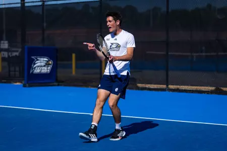 Georgia Southern redshirt-freshman Albert Saar during the NCAA men’s tennis match between Georgia Southern and South Carolina State at Wallis Tennis Center on February 13, 2026 in Statesboro, Georgia. (Photograph by AJ Henderson / Georgia Southern Athletics)