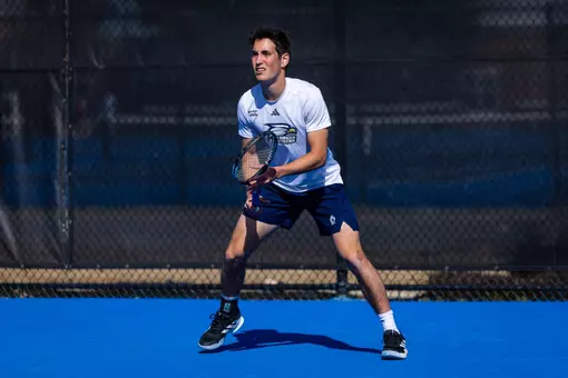 Georgia Southern redshirt-freshman Albert Saar during the NCAA men’s tennis match between Georgia Southern and South Carolina State at Wallis Tennis Center on February 13, 2026 in Statesboro, Georgia. (Photograph by AJ Henderson / Georgia Southern Athletics)