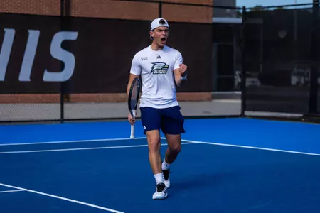 Georgia Southern freshman Edoardo Santoni during the NCAA men’s tennis match between Georgia Southern and South Carolina State at Wallis Tennis Center on February 13, 2026 in Statesboro, Georgia. (Photograph by AJ Henderson / Georgia Southern Athletics)
