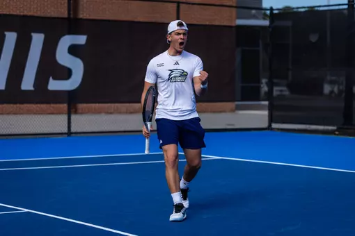 Georgia Southern freshman Edoardo Santoni during the NCAA men’s tennis match between Georgia Southern and South Carolina State at Wallis Tennis Center on February 13, 2026 in Statesboro, Georgia. (Photograph by AJ Henderson / Georgia Southern Athletics)
