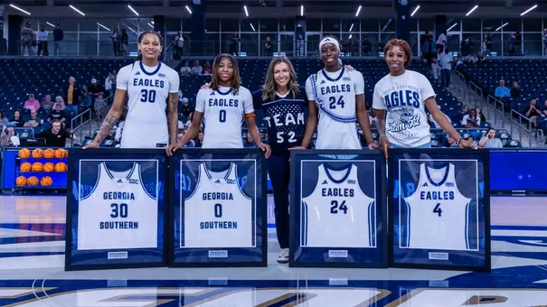 during the NCAA women’s basketball game between Georgia Southern and ULM at Jack and Ruth Ann Hill Convocation Center on February 21, 2026 in Statesboro, Georgia. (Photograph by AJ Henderson / Georgia Southern Athletics)