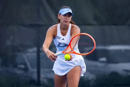 Georgia Southern sophomore Angelina Mihajlovic during the NCAA women’s tennis match between Georgia Southern and App State at Wallis Tennis Center on April 3, 2026 in Statesboro, Georgia. (Photograph by AJ Henderson / Georgia Southern Athletics)