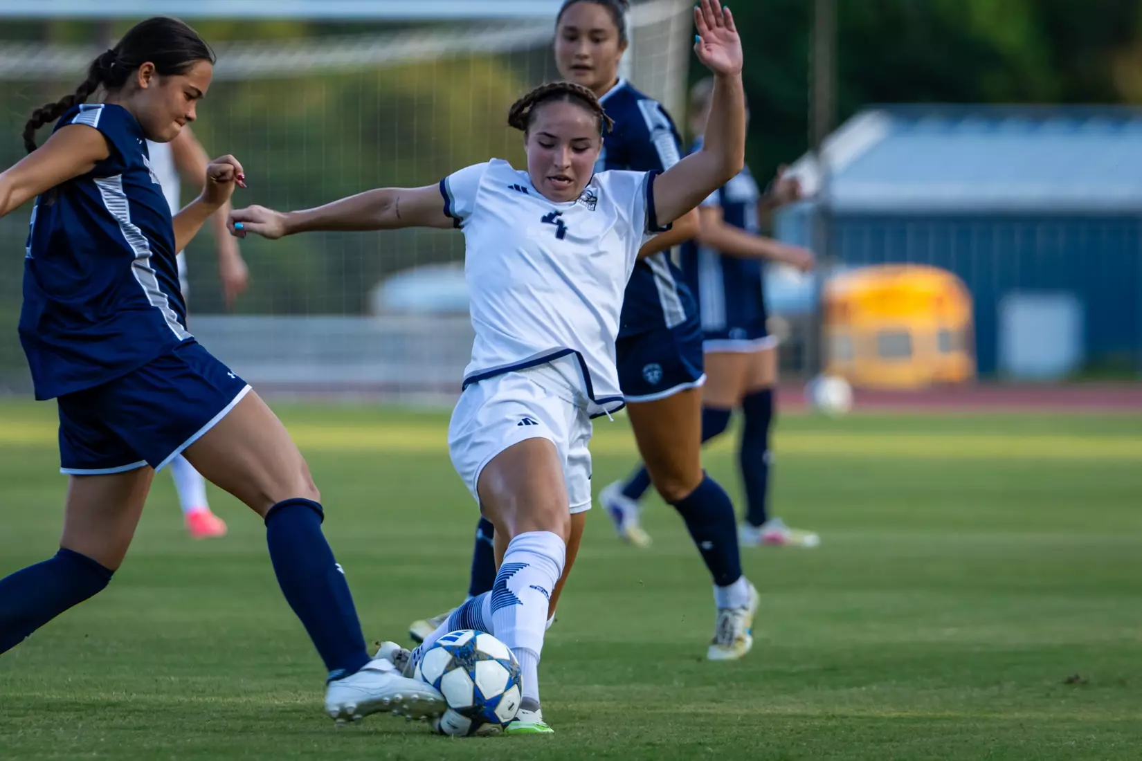 Georgia Southern midfielder Maya Zmistowski (4) during the NCAA women’s soccer match between Georgia Southern and North Florida at Bo Pitts Field on August 12, 2026 in Statesboro, Georgia. (Photograph by AJ Henderson / Georgia Southern Athletics)