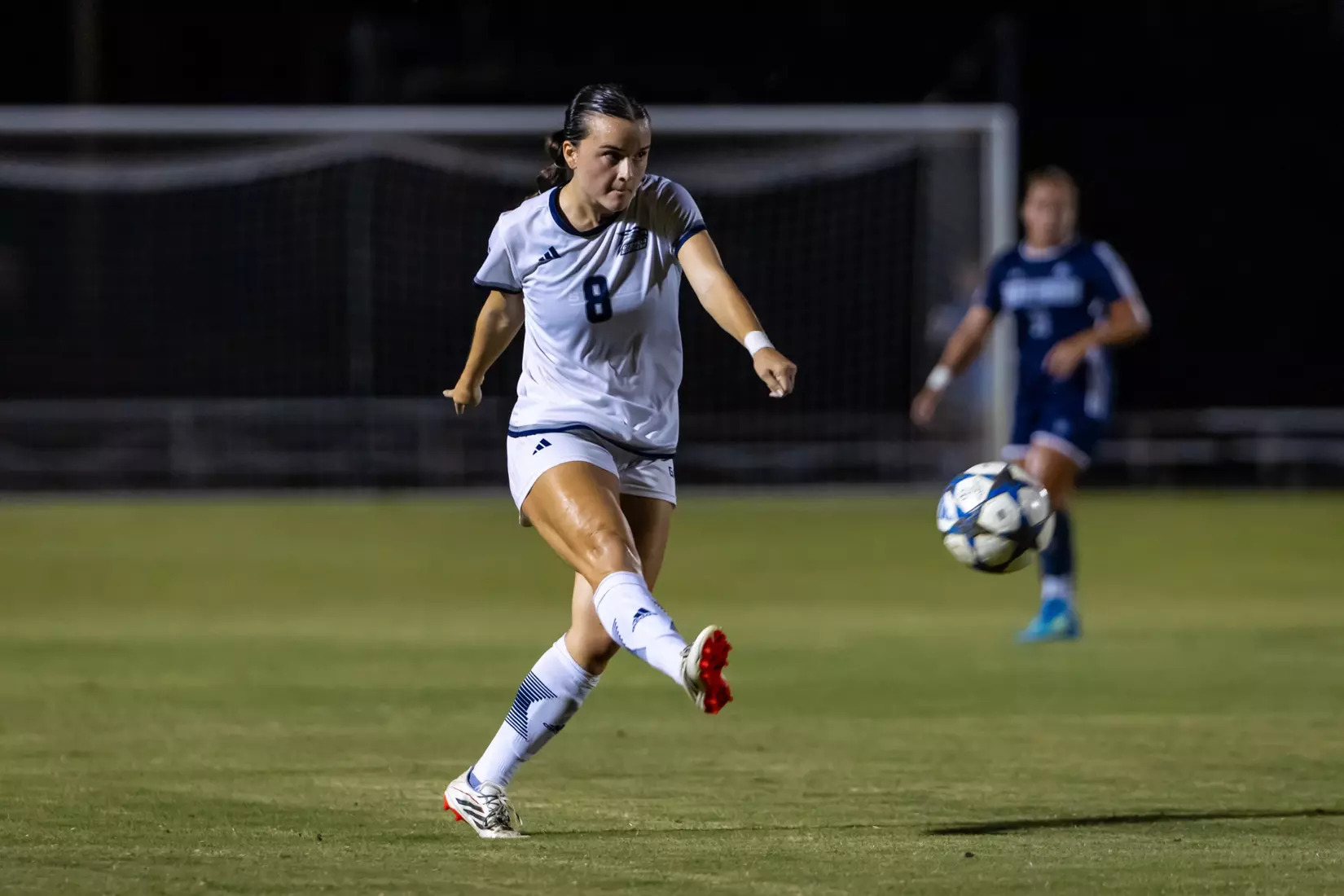 Georgia Southern defender/midfielder Maryann Beach (8) during the NCAA women’s soccer match between Georgia Southern and North Florida at Bo Pitts Field on August 12, 2026 in Statesboro, Georgia. (Photograph by AJ Henderson / Georgia Southern Athletics)