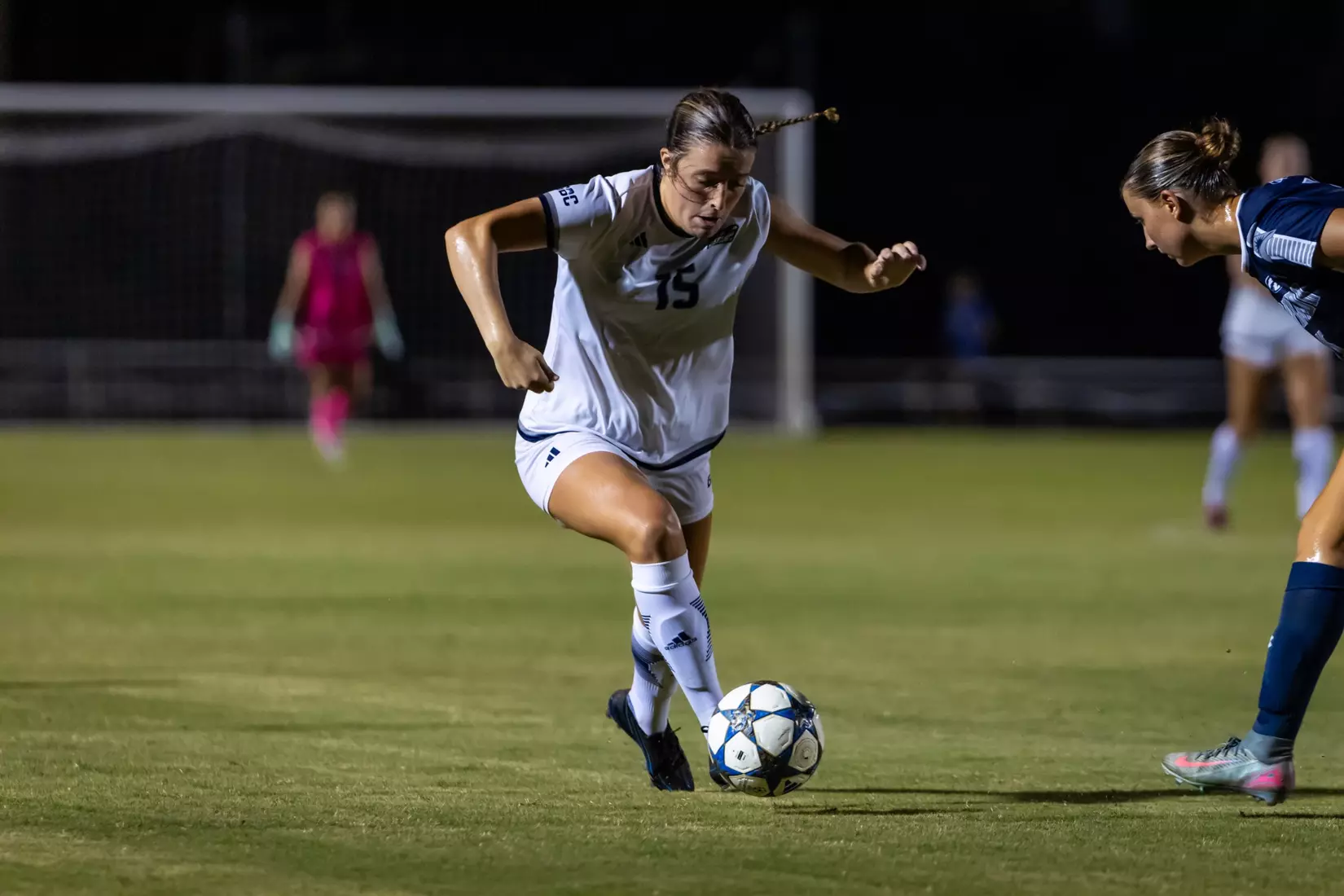 Georgia Southern midfielder Paisley Cathey (15) during the NCAA women’s soccer match between Georgia Southern and North Florida at Bo Pitts Field on August 12, 2026 in Statesboro, Georgia. (Photograph by AJ Henderson / Georgia Southern Athletics)