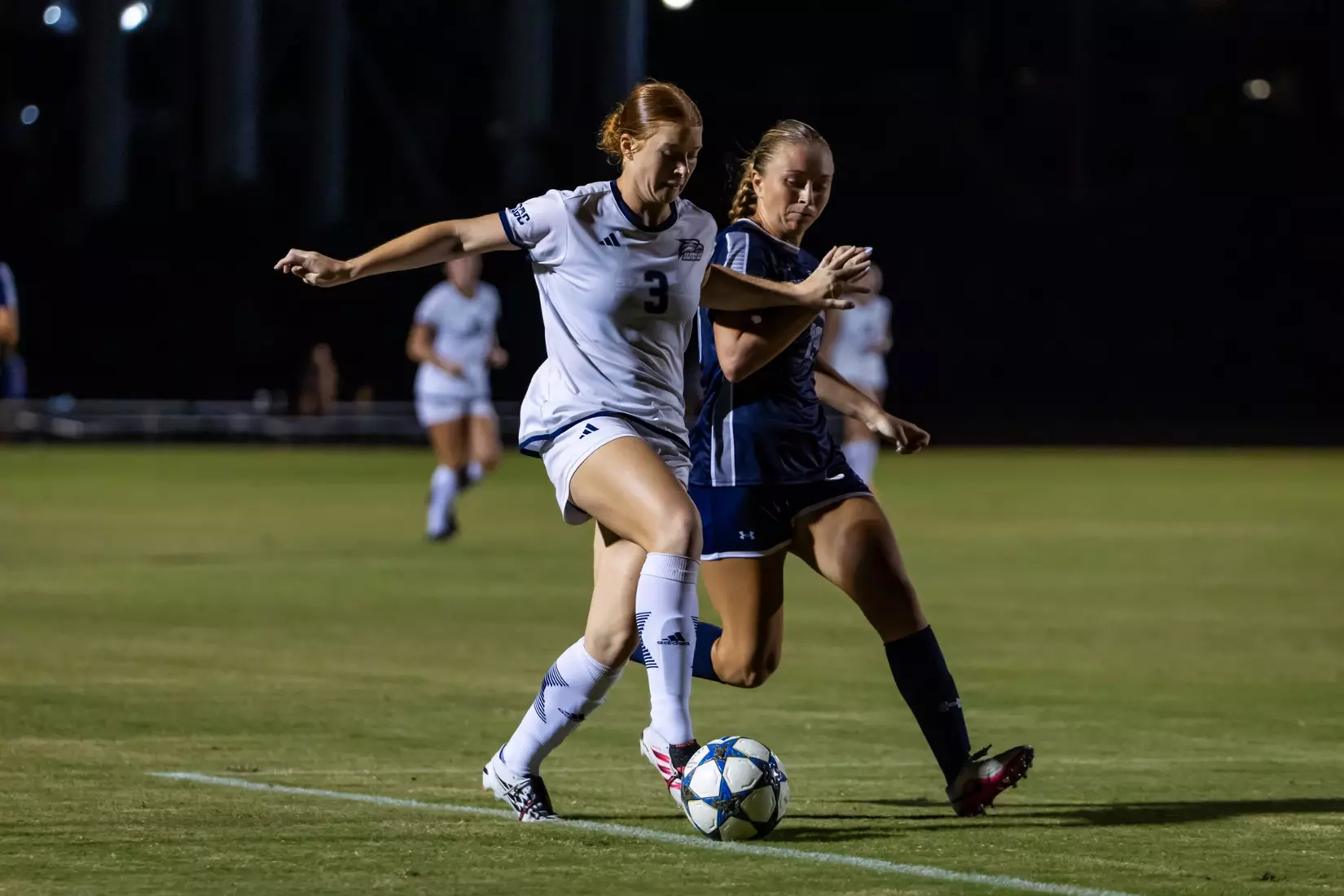 Georgia Southern midfielder Meredith Pugh (3) during the NCAA women’s soccer match between Georgia Southern and North Florida at Bo Pitts Field on August 12, 2026 in Statesboro, Georgia. (Photograph by AJ Henderson / Georgia Southern Athletics)