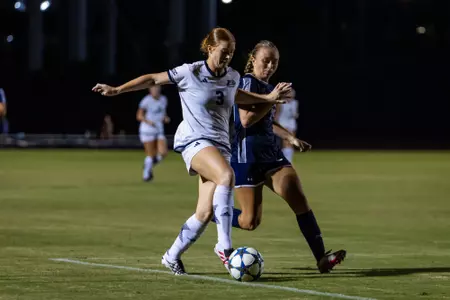 Georgia Southern midfielder Meredith Pugh (3) during the NCAA women’s soccer match between Georgia Southern and North Florida at Bo Pitts Field on August 12, 2026 in Statesboro, Georgia. (Photograph by AJ Henderson / Georgia Southern Athletics)