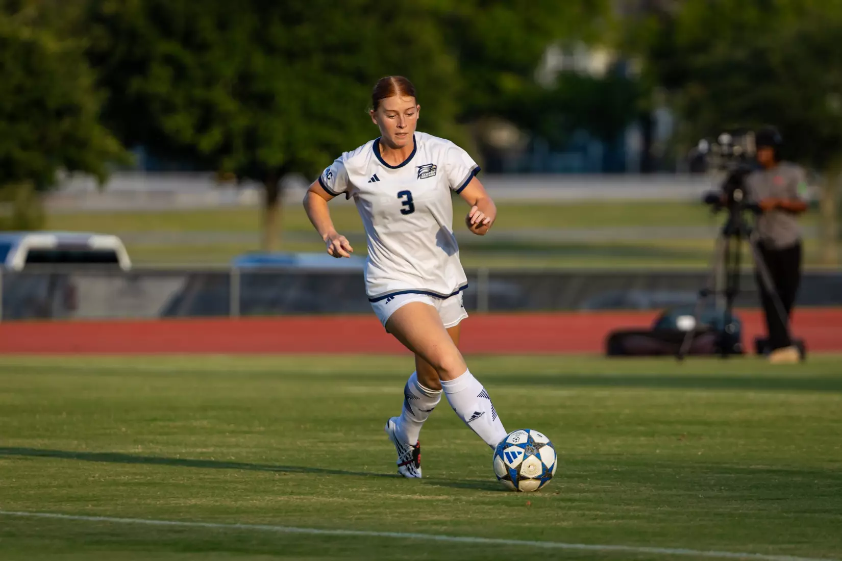 Georgia Southern midfielder Meredith Pugh (3) during the NCAA women’s soccer match between Georgia Southern and North Florida at Bo Pitts Field on August 12, 2026 in Statesboro, Georgia. (Photograph by AJ Henderson / Georgia Southern Athletics)