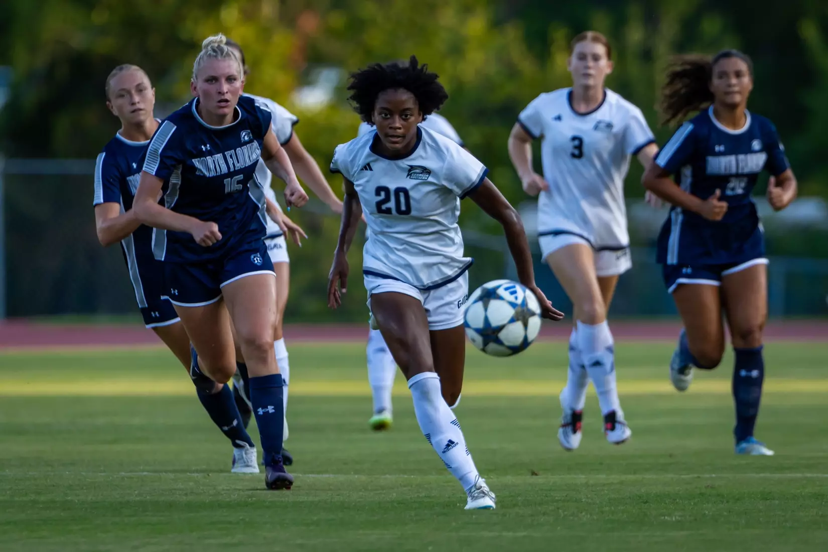 Georgia Southern midfielder Addison Comer (20) during the NCAA women’s soccer match between Georgia Southern and North Florida at Bo Pitts Field on August 12, 2026 in Statesboro, Georgia. (Photograph by AJ Henderson / Georgia Southern Athletics)