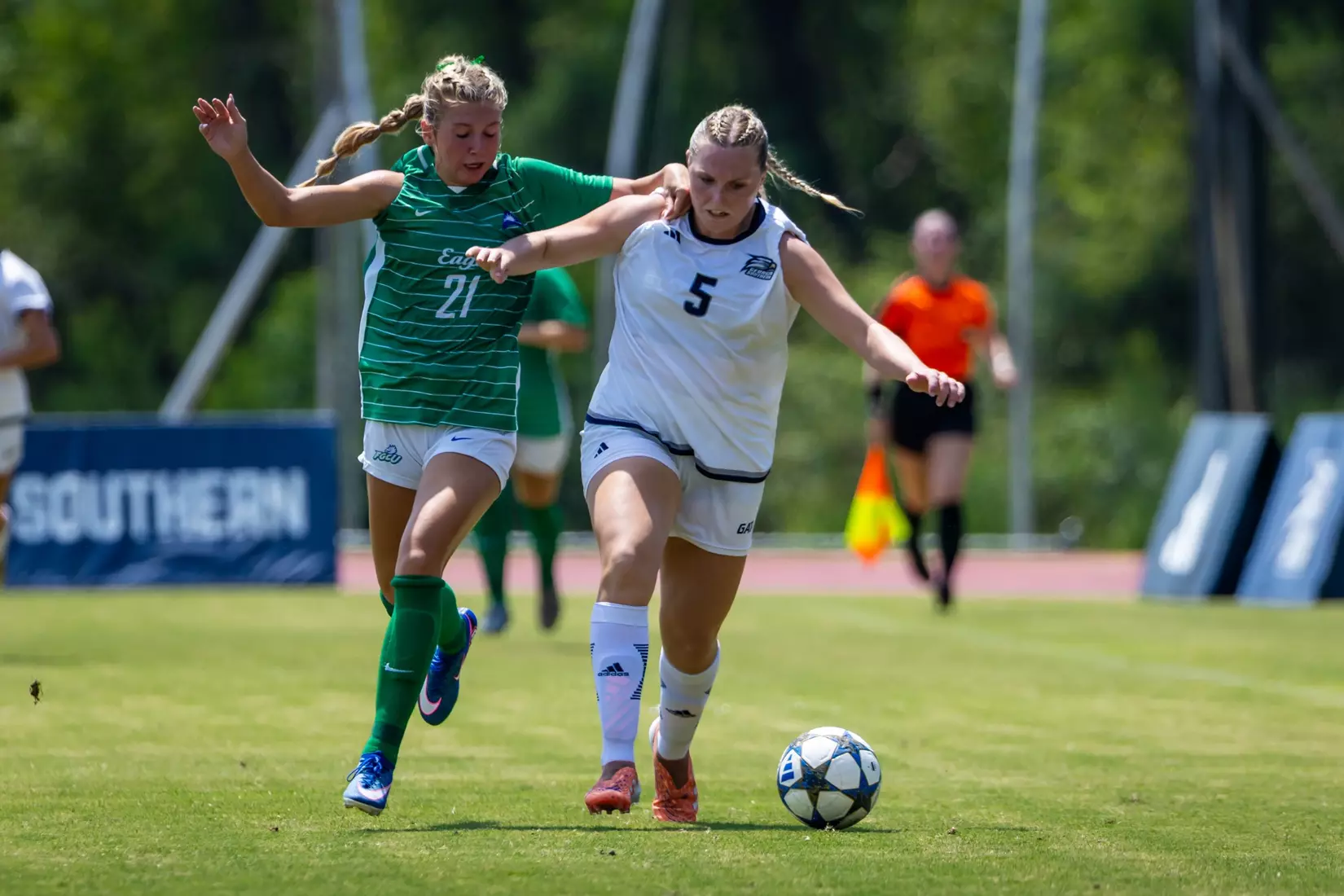 Georgia Southern forward Kaitlin Cook (5) during the NCAA women’s soccer match between Georgia Southern and Florida Gulf Coast at Bo Pitts Field on August 16, 2026 in Statesboro, Georgia. (Photograph by AJ Henderson / Georgia Southern Athletics)
