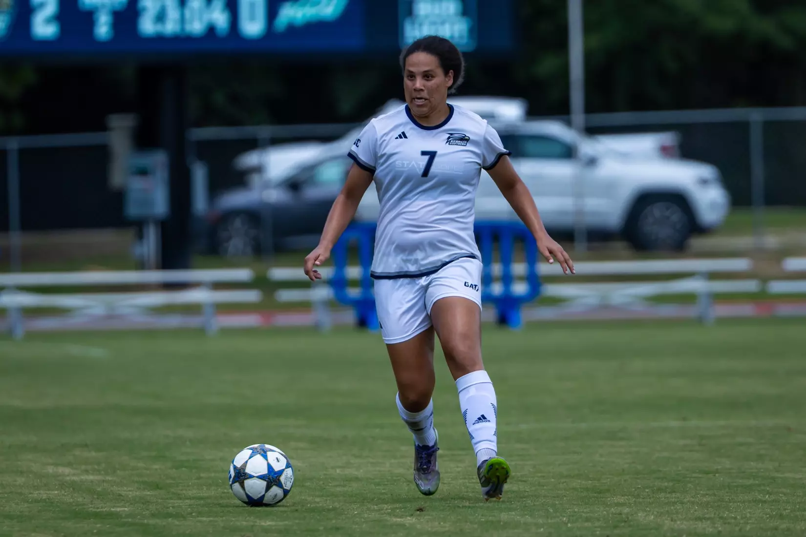 Georgia Southern midfielder Kendall Wilson (7) during the NCAA women’s soccer match between Georgia Southern and Florida Gulf Coast at Bo Pitts Field on August 16, 2026 in Statesboro, Georgia. (Photograph by AJ Henderson / Georgia Southern Athletics)