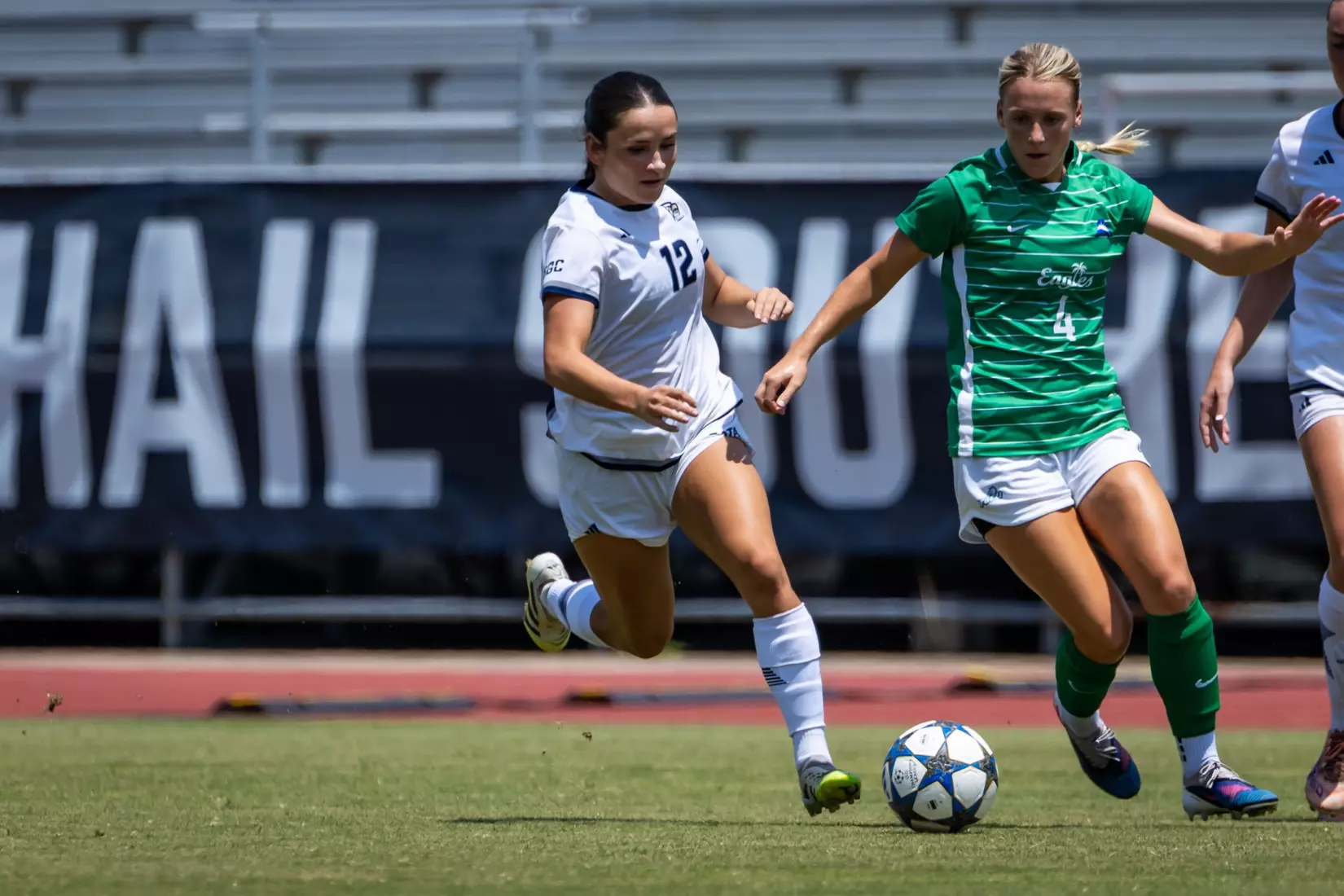 Georgia Southern defender Hailey Esser (12) during the NCAA women’s soccer match between Georgia Southern and Florida Gulf Coast at Bo Pitts Field on August 16, 2026 in Statesboro, Georgia. (Photograph by AJ Henderson / Georgia Southern Athletics)