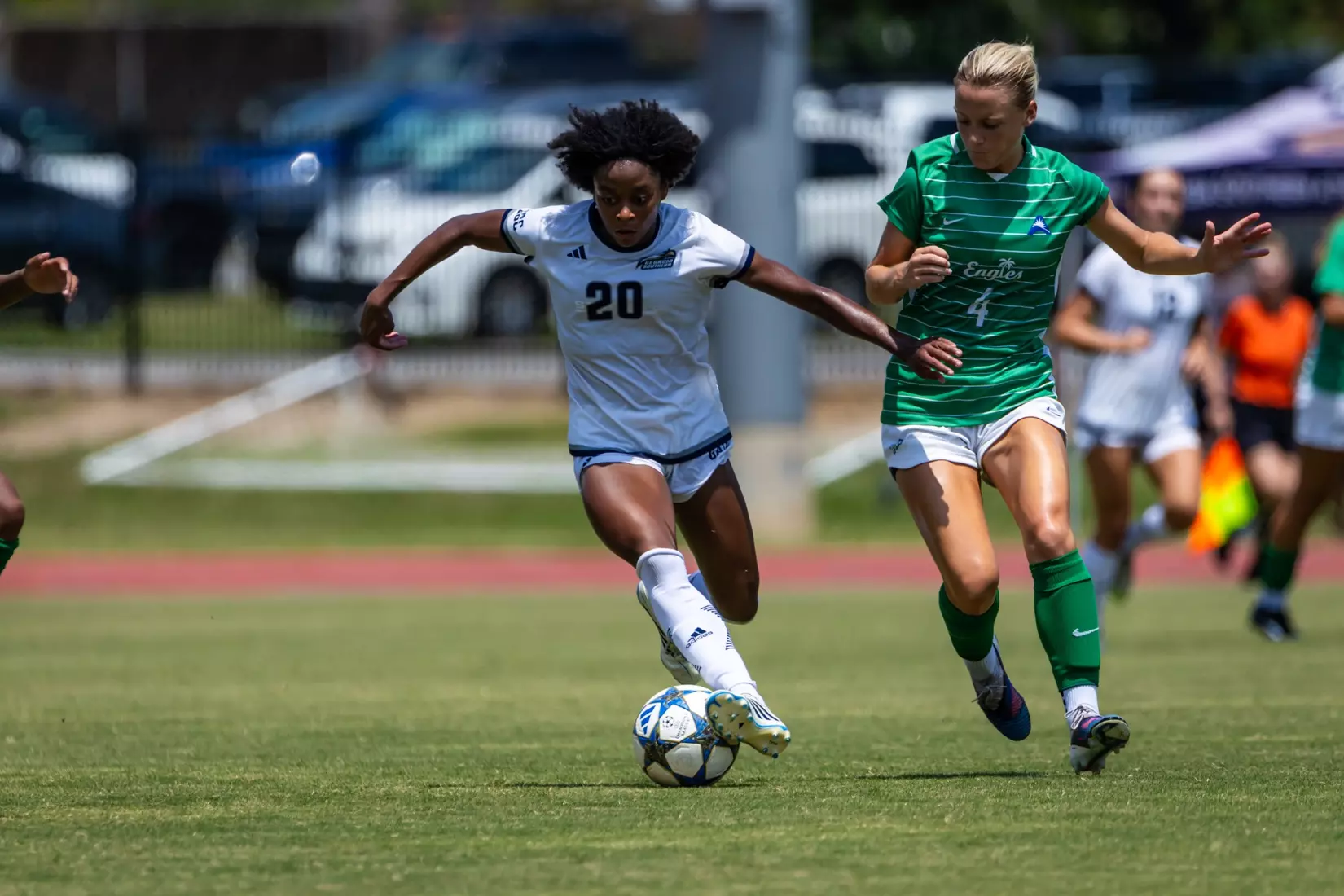 Georgia Southern midfielder Addison Comer (20) during the NCAA women’s soccer match between Georgia Southern and Florida Gulf Coast at Bo Pitts Field on August 16, 2026 in Statesboro, Georgia. (Photograph by AJ Henderson / Georgia Southern Athletics)
