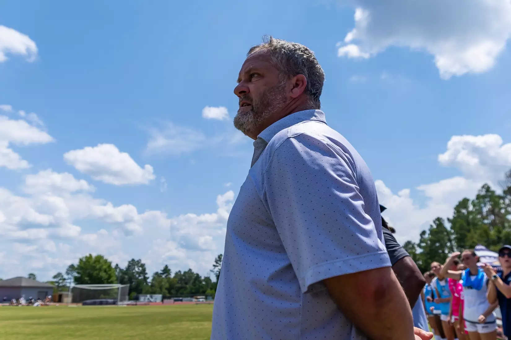 Georgia Southern head coach Chris Adams during the NCAA women’s soccer match between Georgia Southern and Florida Gulf Coast at Bo Pitts Field on August 16, 2026 in Statesboro, Georgia. (Photograph by AJ Henderson / Georgia Southern Athletics)