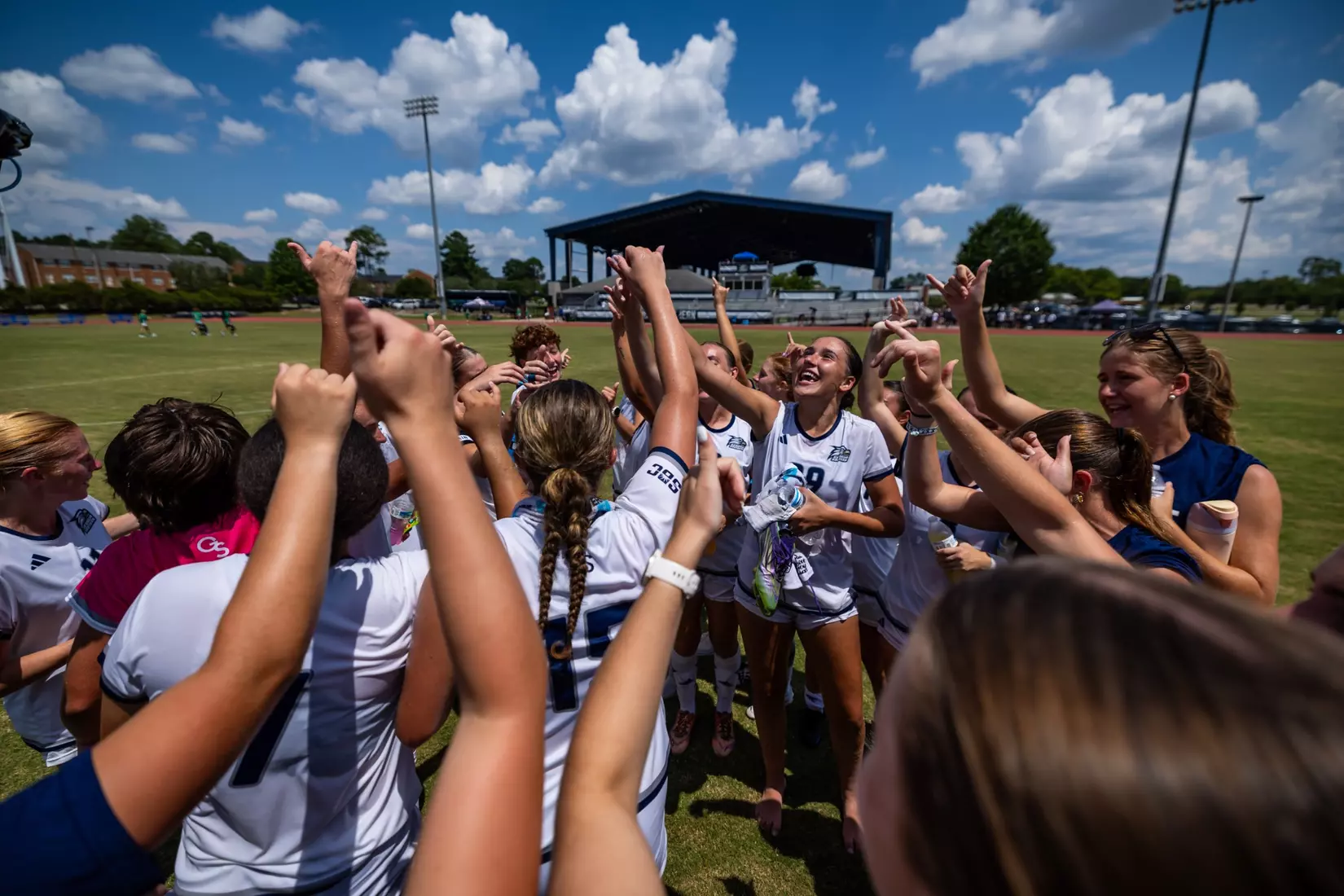 Georgia Southern team during the NCAA women’s soccer match between Georgia Southern and Florida Gulf Coast at Bo Pitts Field on August 16, 2026 in Statesboro, Georgia. (Photograph by AJ Henderson / Georgia Southern Athletics)