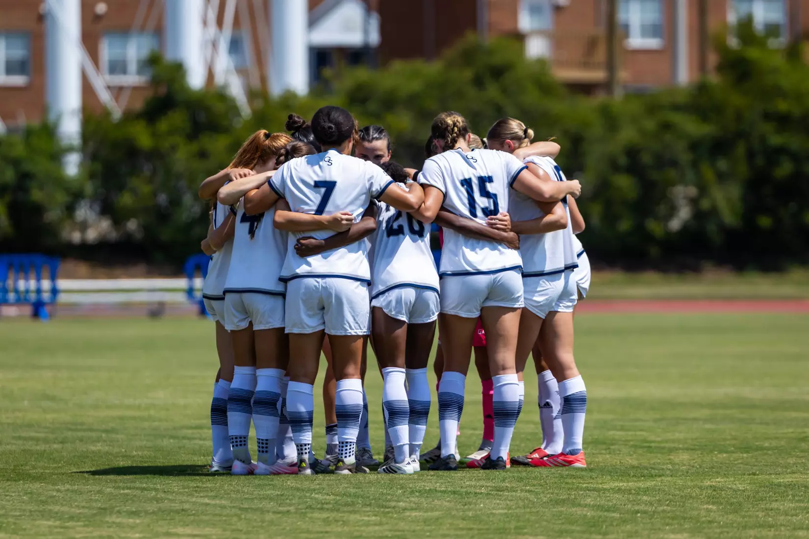 Georgia Southern team during the NCAA women’s soccer match between Georgia Southern and Florida Gulf Coast at Bo Pitts Field on August 16, 2026 in Statesboro, Georgia. (Photograph by AJ Henderson / Georgia Southern Athletics)