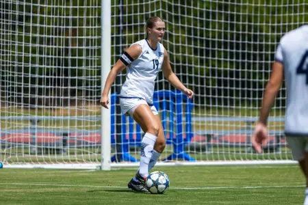 Georgia Southern defender Claire Casey (19) during the NCAA women’s soccer match between Georgia Southern and UNC Wilmington at Bo Pitts Field on August 23, 2026 in Statesboro, Georgia. (Photograph by AJ Henderson / Georgia Southern Athletics)