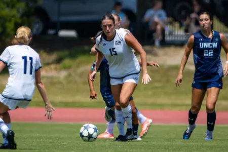 Georgia Southern midfielder Paisley Cathey (15) during the NCAA women’s soccer match between Georgia Southern and UNC Wilmington at Bo Pitts Field on August 23, 2026 in Statesboro, Georgia. (Photograph by AJ Henderson / Georgia Southern Athletics)