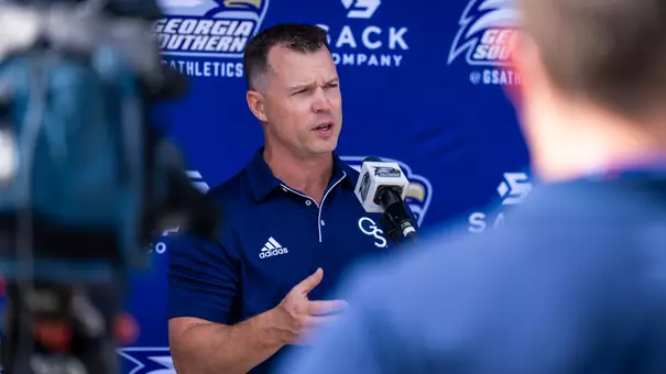 Georgia Southern Director of Athletics Chris Davis talks to the media during Eagle Football's first fall practice of the 2026 season at Anthony P. Tippins Training Facility on August 5, 2026 in Statesboro, Georgia. (Photograph by AJ Henderson / Georgia Southern Athletics)