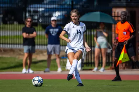 Georgia Southern defender Abby Sealy (14) during the NCAA women’s soccer match between Georgia Southern and Wofford at Bo Pitts Field on August 5, 2026 in Statesboro, Georgia. (Photograph by AJ Henderson / Georgia Southern Athletics)