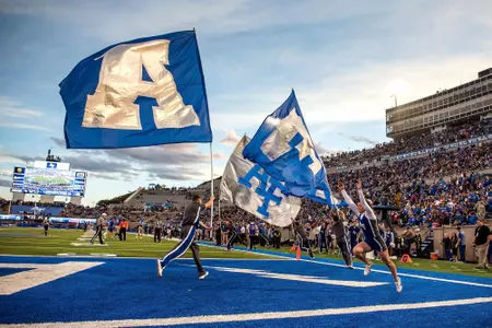 U.S. Air Force Academy -- The Falcon cheer team celebrates a touchdown during the Oct. 27, 2018 game at Falcon Stadium. Air Force lost to Boise State 38-48. (U.S. Air Force photo/Trevor Cokley)