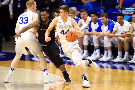 Feb 17, 2018; Boise, ID, USA; Air Force Falcons guard Keaton Van Soelen (44) uses a pick by center Frank Toohey (33). Brian Losness-USA TODAY Sport