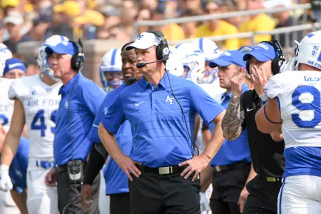 ANN ARBOR, MI - SEPTEMBER 16: Air Force Falcons head coach Troy Calhoun watches play during the Michigan Wolverines versus US Air Force Academy Falcons game on Saturday September 16, 2017 at Michigan Stadium in Ann Arbor, MI (Photo by Steven King/Icon Sportswire
