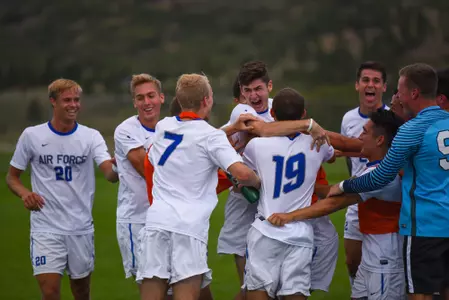 U.S. Air Force Academy -- Air Force Falcons celebrate after a late goal against the Colgate Raiders during their match up at the Falcon Soccer Stadium Sep. 9, 2018. Falcons went on to win the game 3-0. (U.S. Air Force photo/Christopher DeWitt)