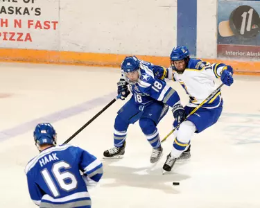 Air Force Academy hockey vs UAF Nanook Hockey. AF scores in the 1st and then in the 2nd early. nanooks tally a goal mid period. AF leads 2-1 going into the third