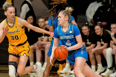 Feb 12, 2025; Laramie, WY, USA; Air Force Falcons guard Madison Smith (4) against the Wyoming Cowgirls at Arena-Auditorium. Mandatory Credit: Troy Babbitt-UW Media-Athletics