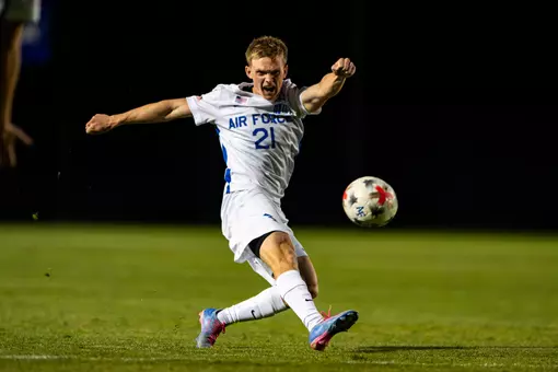 Braedon Gehring takes a shot on goal at Cadet Soccer Stadium