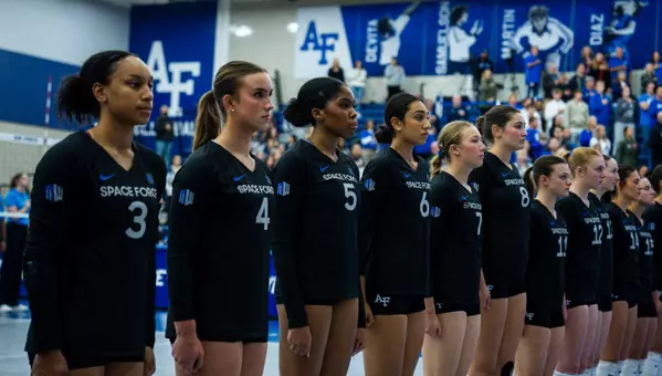 Air Force during the national anthem before their match with Grand Canyon.