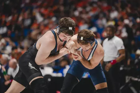 Logan Fowler in the clinch at the Big 12 Wrestling Championships