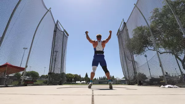 Texas Tanner celebrates after winning the hammer throw at the 2026 Mountain West Outdoor Championships